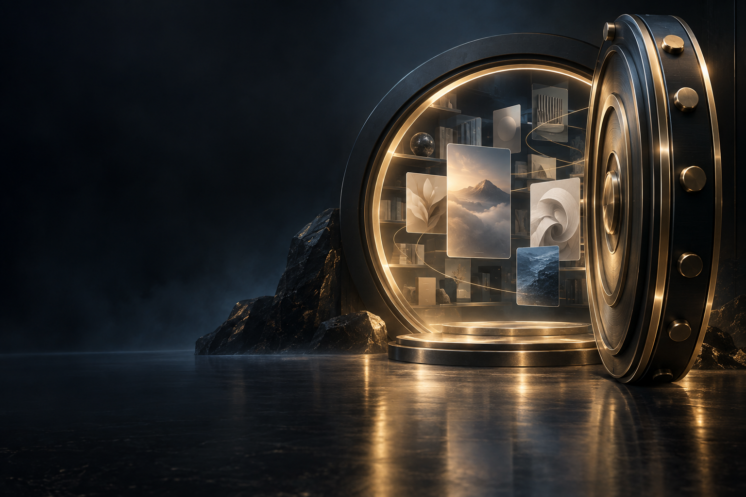 An illuminated digital vault holding a curated library